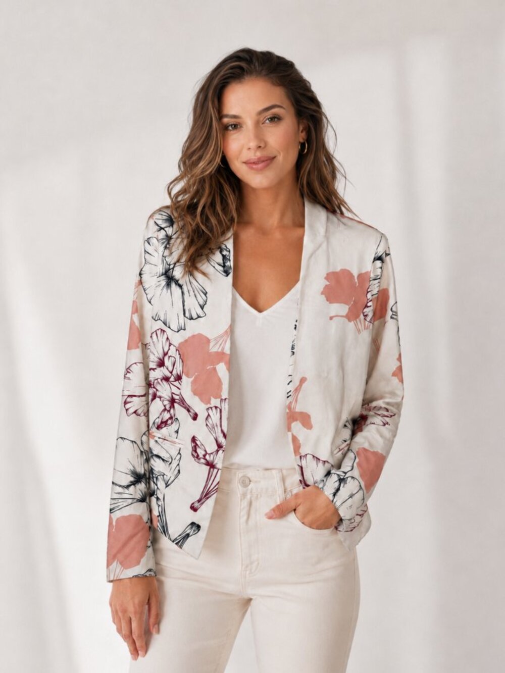 Simply Styled Floral Open Front Blazer Jacket Ivory Pink Navy Size M
